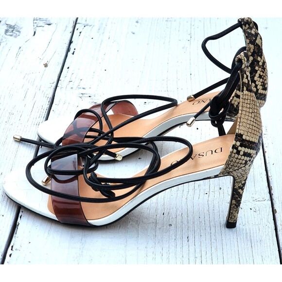 Dusano Women's White Brown Strappy Stiletto Snakeskin Heels Sz US 6 EU 36 - Picture 2 of 7